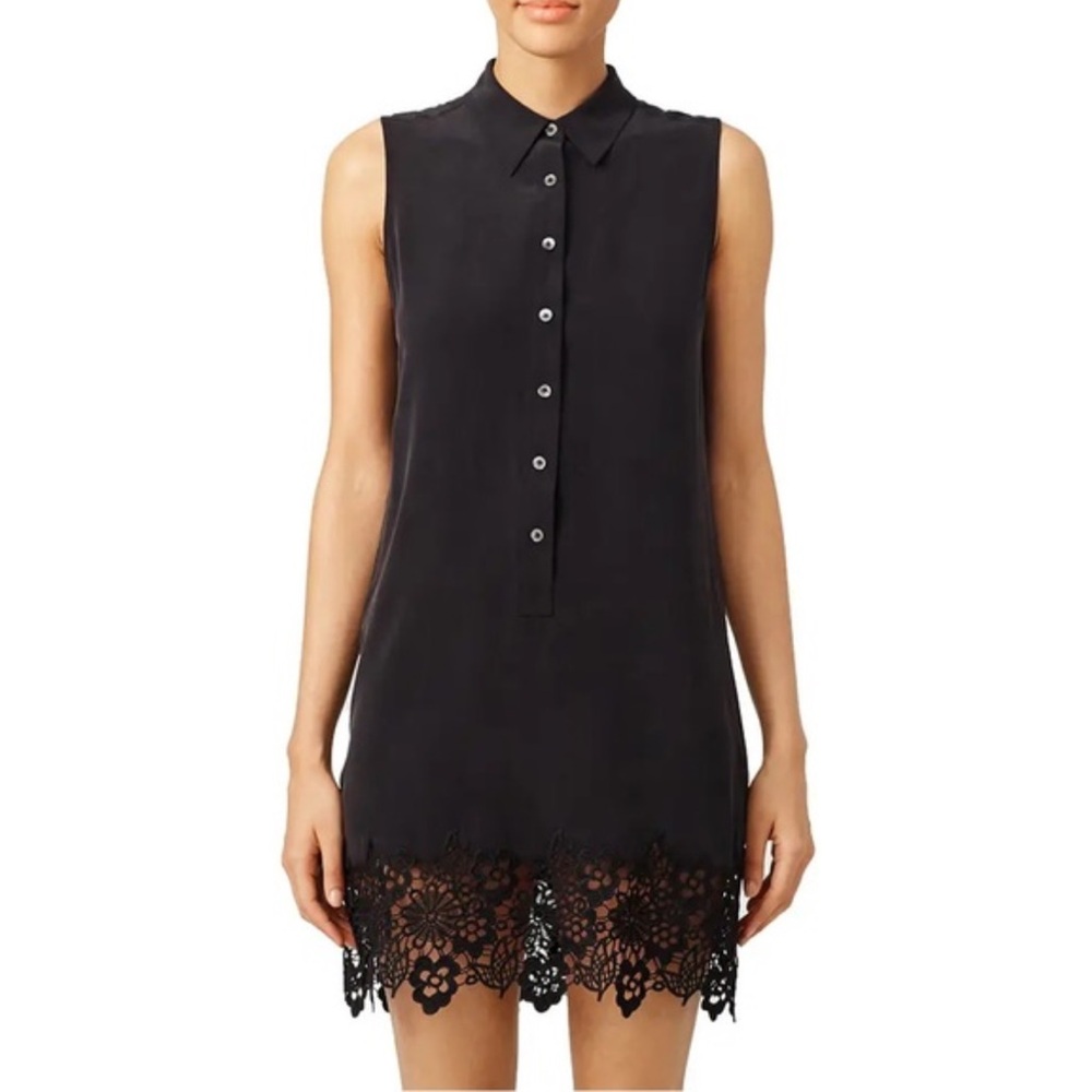 Equipment Black Sleeveless Silk Shift Dress with Lace Hem